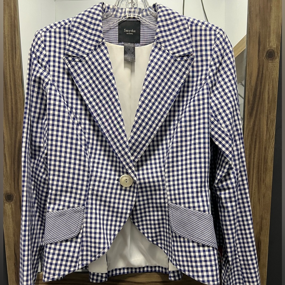 Rare SMYTHE One Button Cutaway Blazer - navy and white check. Size 6 or 8
